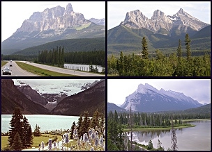 these are 4 mountains
in the Banff National Park area - 
(from top left)
 -  Castle Mountain (also known as Mt Eisenhour) 
 - The Three Sisters
 - Lake Louise with the glacier above
 - Mount Rundle
     (311 kb)